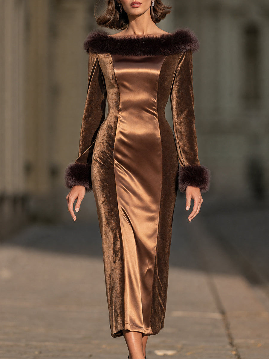 Faux-Fur Trim Velvet & Satin Off-Shoulder Midi Dress