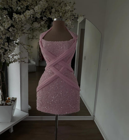 Sequined Mini Dress with Crisscross Chiffon Draping