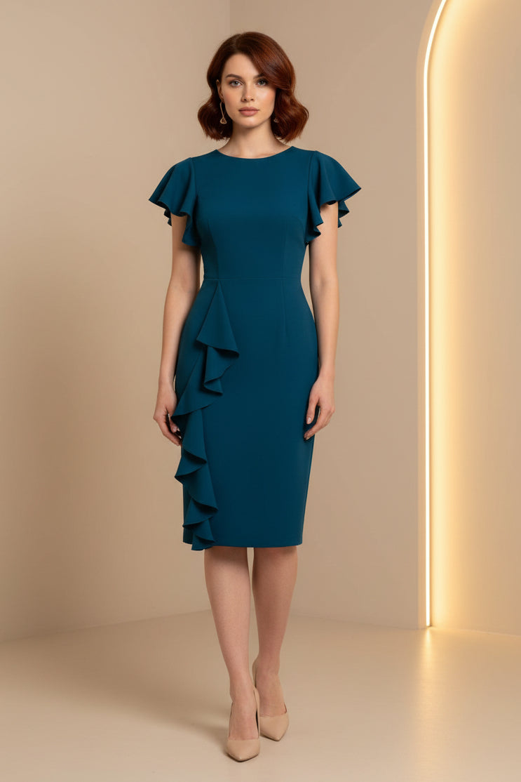 Flutter Sleeve Sheath Midi Dress with Cascading Ruffle