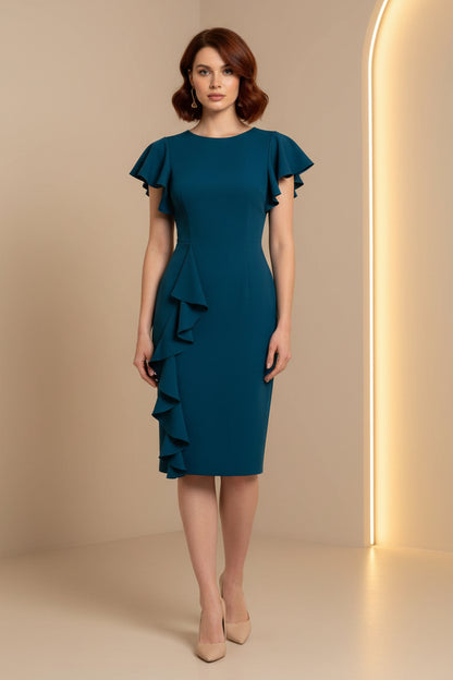 Flutter Sleeve Sheath Midi Dress with Cascading Ruffle