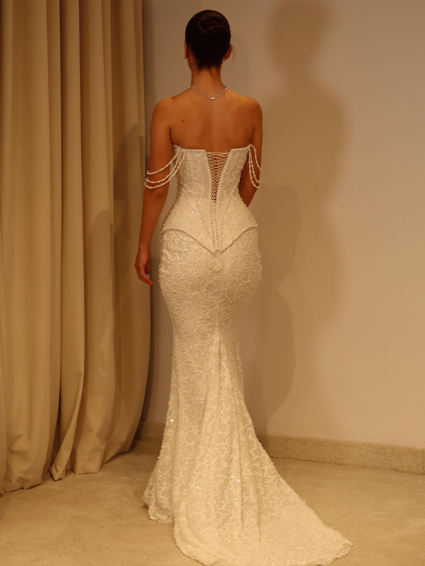 Lace Mermaid Corset Wedding Dress with Pearl Straps