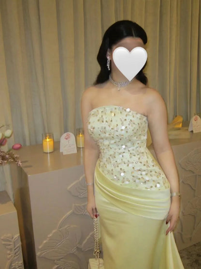 Strapless Beaded Satin Evening Gown