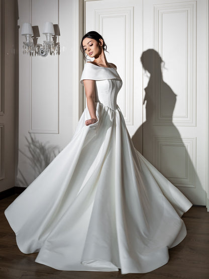 Off-the-Shoulder Satin Ball Gown Wedding Dress