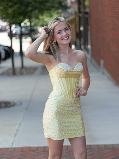Strapless Pearl Corset Sweetheart Mini Dress