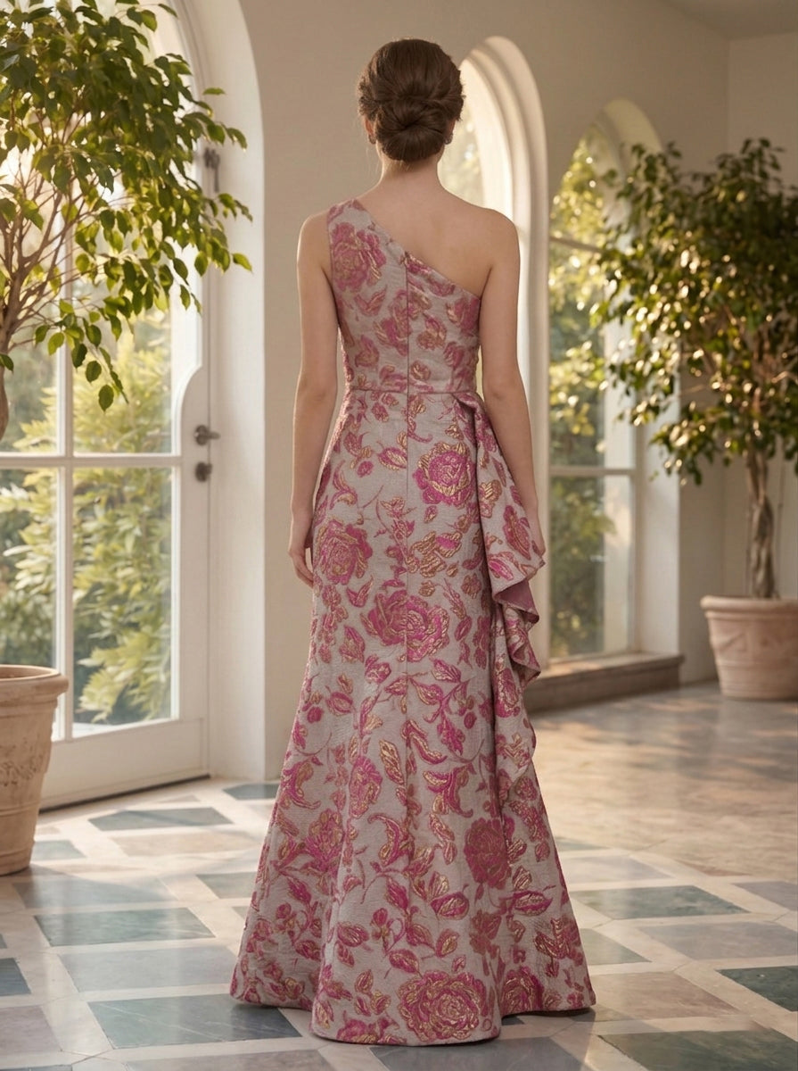 One-Shoulder Jacquard Gown with Cascading Ruffle