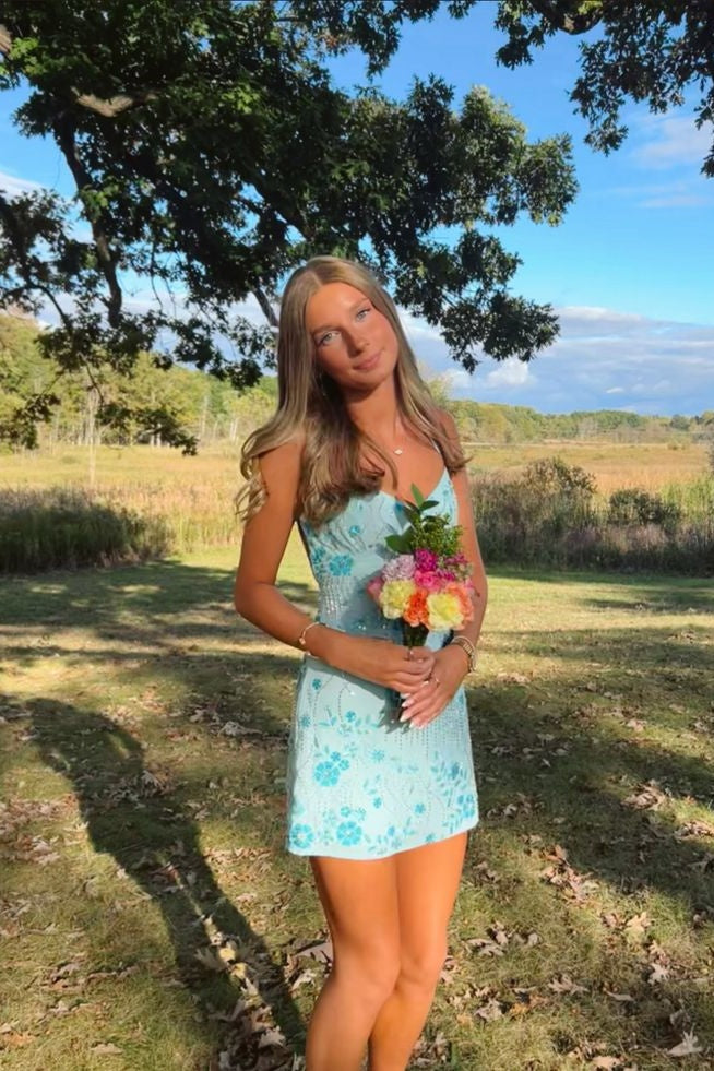 Floral Sequin Lace-Up Backless Mini Dress