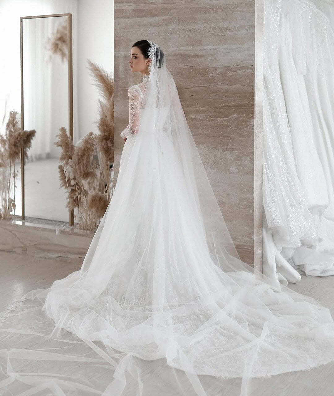 High Neck Lace Sleeve A-Line Wedding Dress