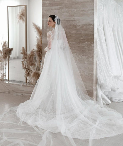 High Neck Lace Sleeve A-Line Wedding Dress