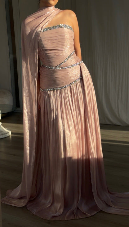 Ruched Column Gown with Draped Cape and Crystal Trim