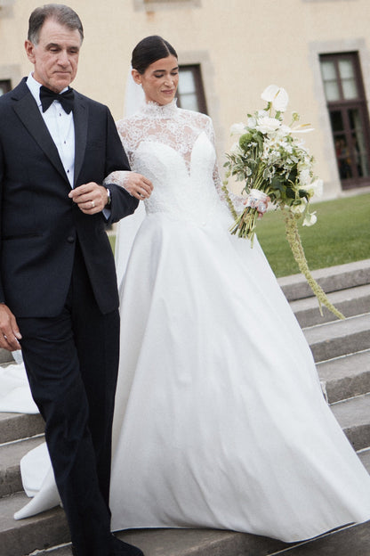 High Neck Illusion Lace Long Sleeve A-Line Wedding Dress