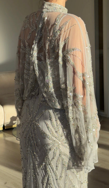 Sequined Cape Sleeve High Neck Maxi Evening Gown