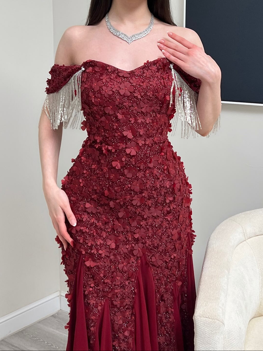 3D Floral Off-the-Shoulder Gown with Fringe