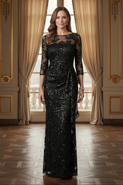 Illusion Sequin Evening Gown with Side Ruffle