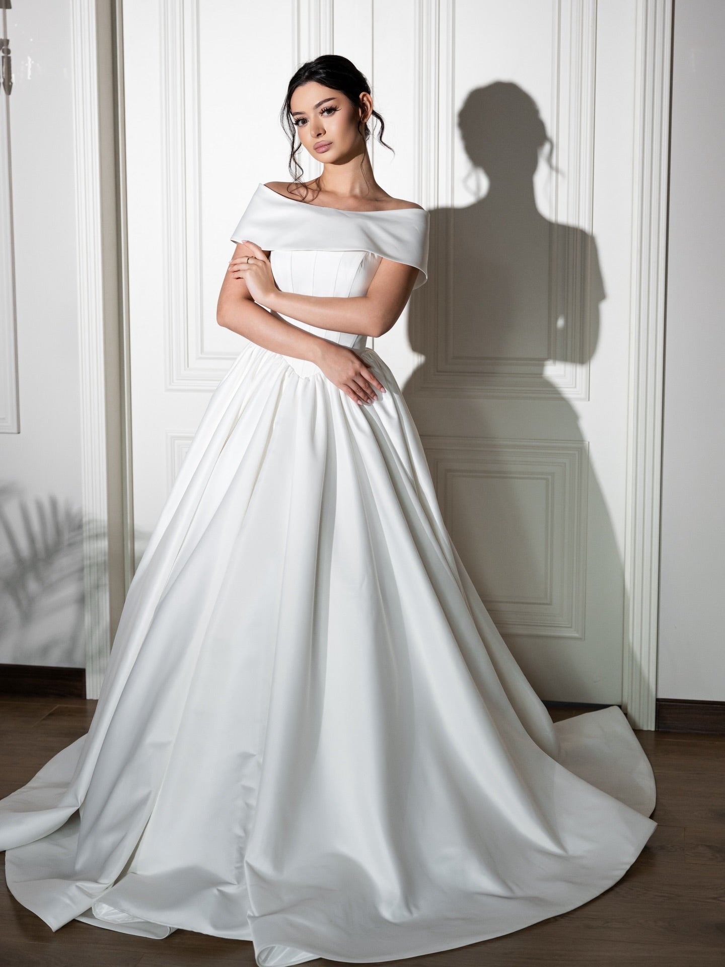 Off-the-Shoulder Satin Ball Gown Wedding Dress