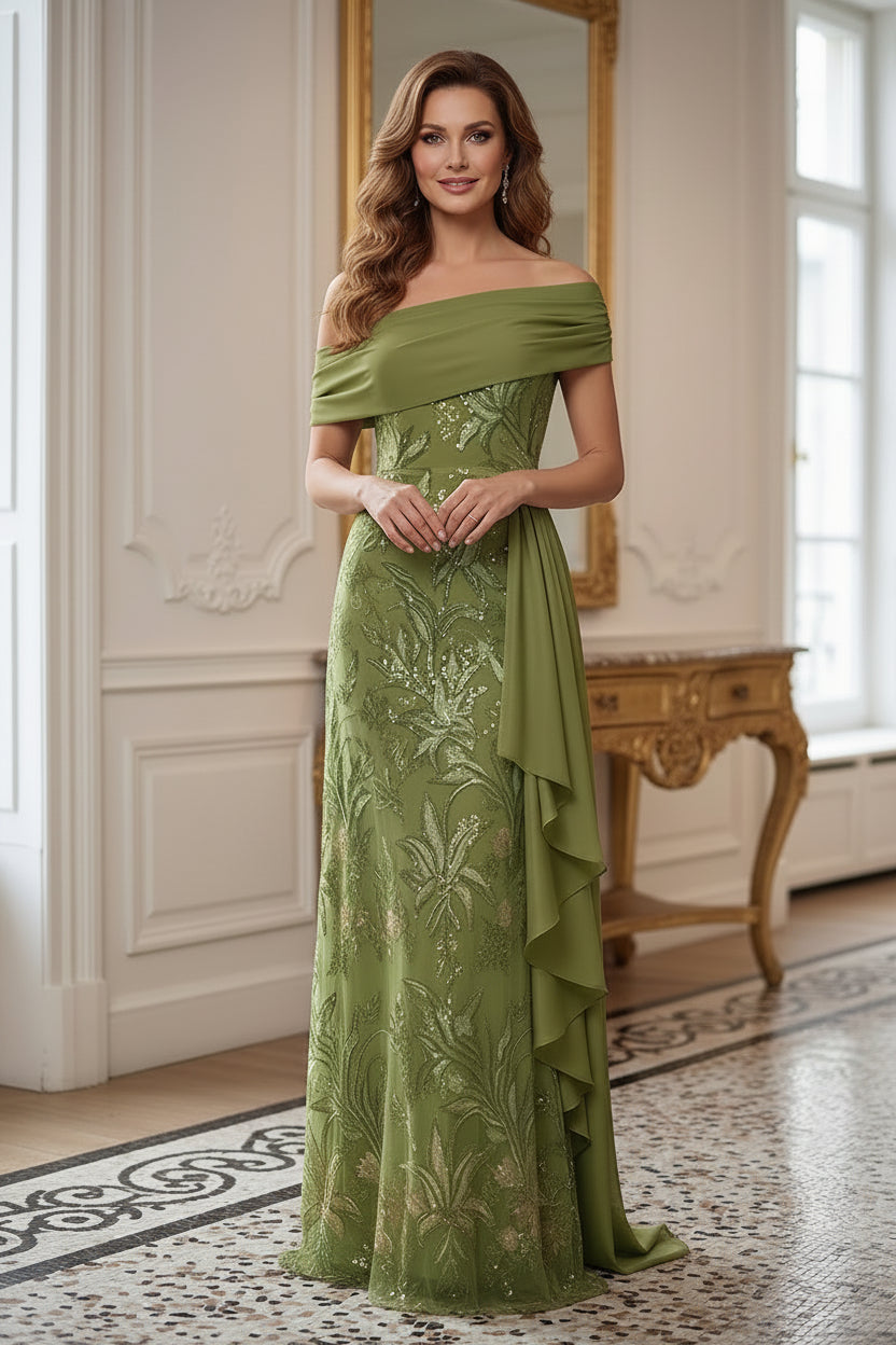 Off-Shoulder Sequin Floral Evening Gown with Draped Sash