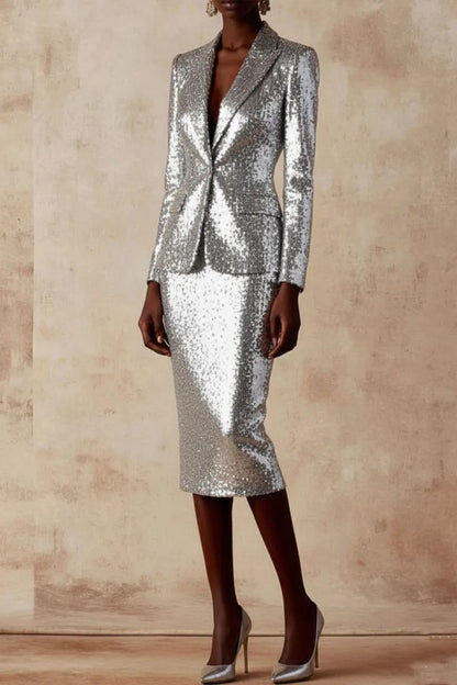 Sequined Blazer and Midi Skirt Two-Piece Suit