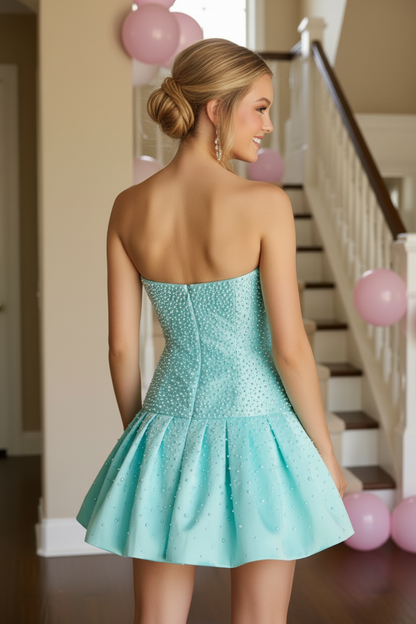 Strapless Pearl Beaded Bubble Skirt Mini Dress
