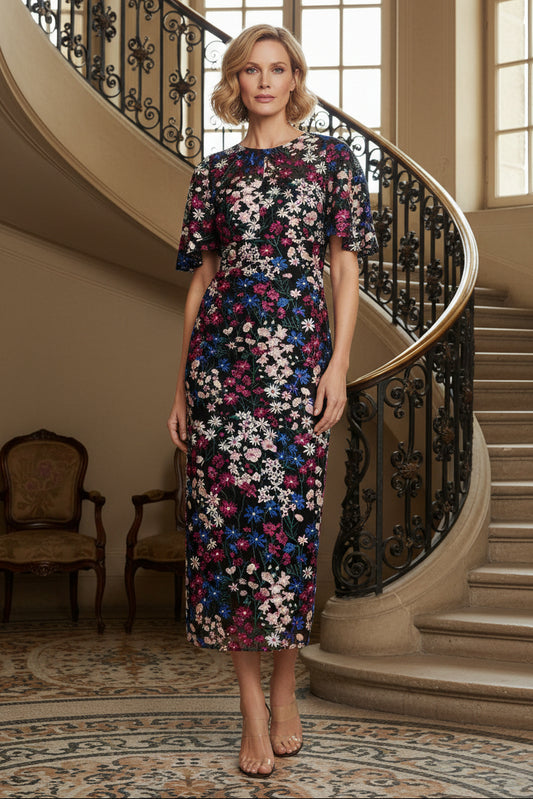 Floral Embroidered Midi Dress with Flutter Sleeves
