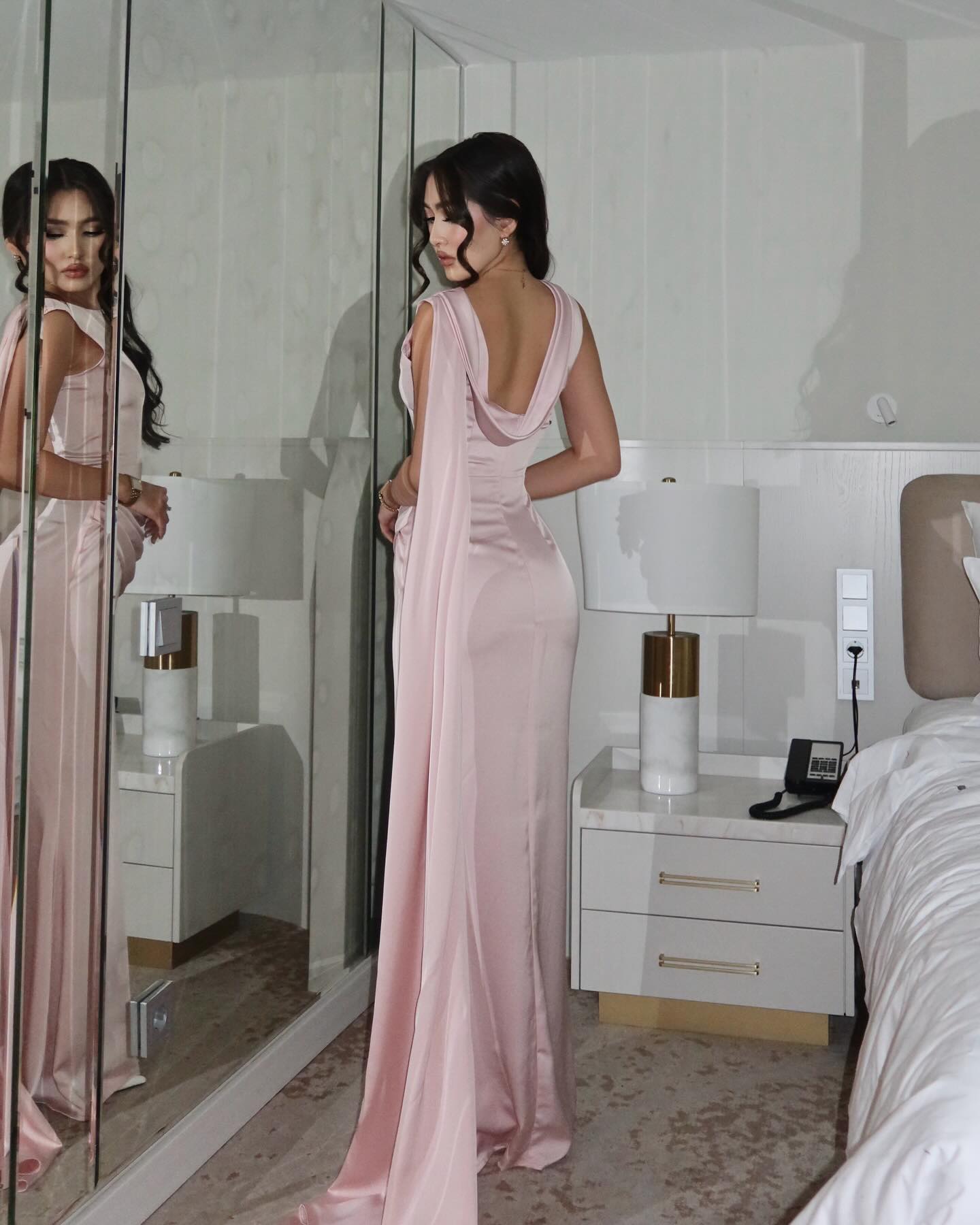 Satin Cape Gown with Cowl Back & Side Draping