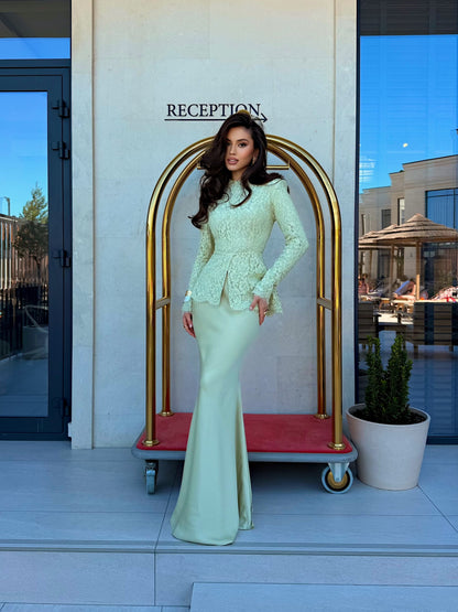 Long Sleeve Lace Peplum Evening Gown