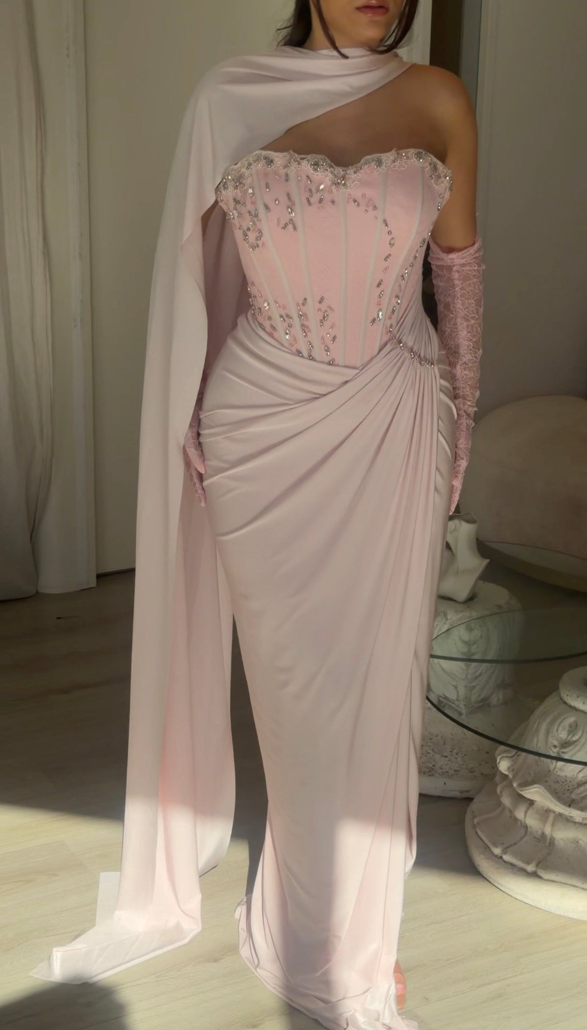Corset Gown with Scarf Neckline and Gloves