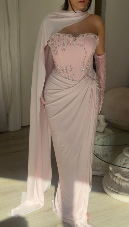 Corset Gown with Scarf Neckline and Gloves