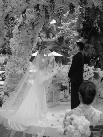 Strapless Lace Applique Wedding Gown with Cathedral Veil