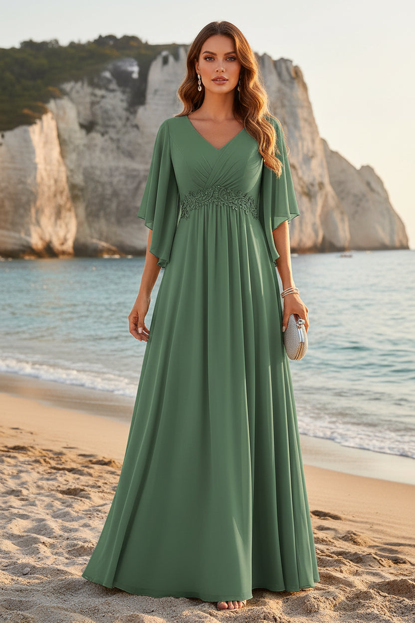 Chiffon A-Line Gown with Flutter Sleeves and Lace Waist