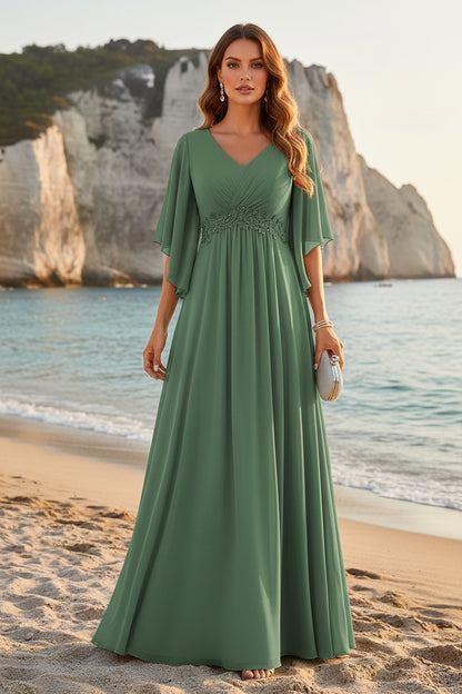 Chiffon A-Line Gown with Flutter Sleeves and Lace Waist