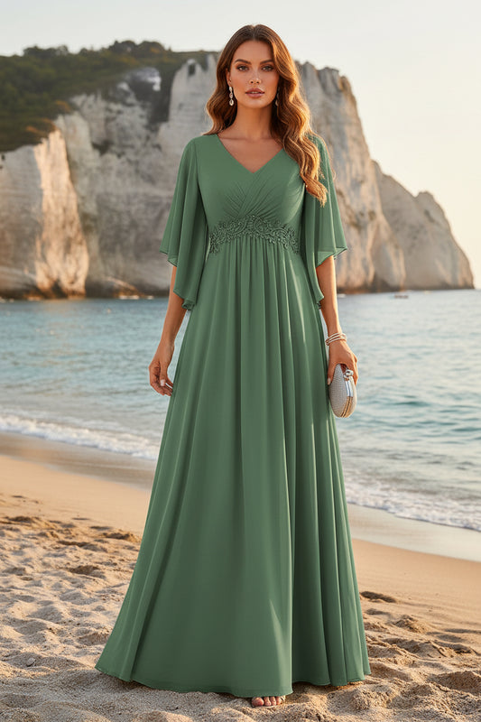 Chiffon A-Line Gown with Flutter Sleeves and Lace Waist