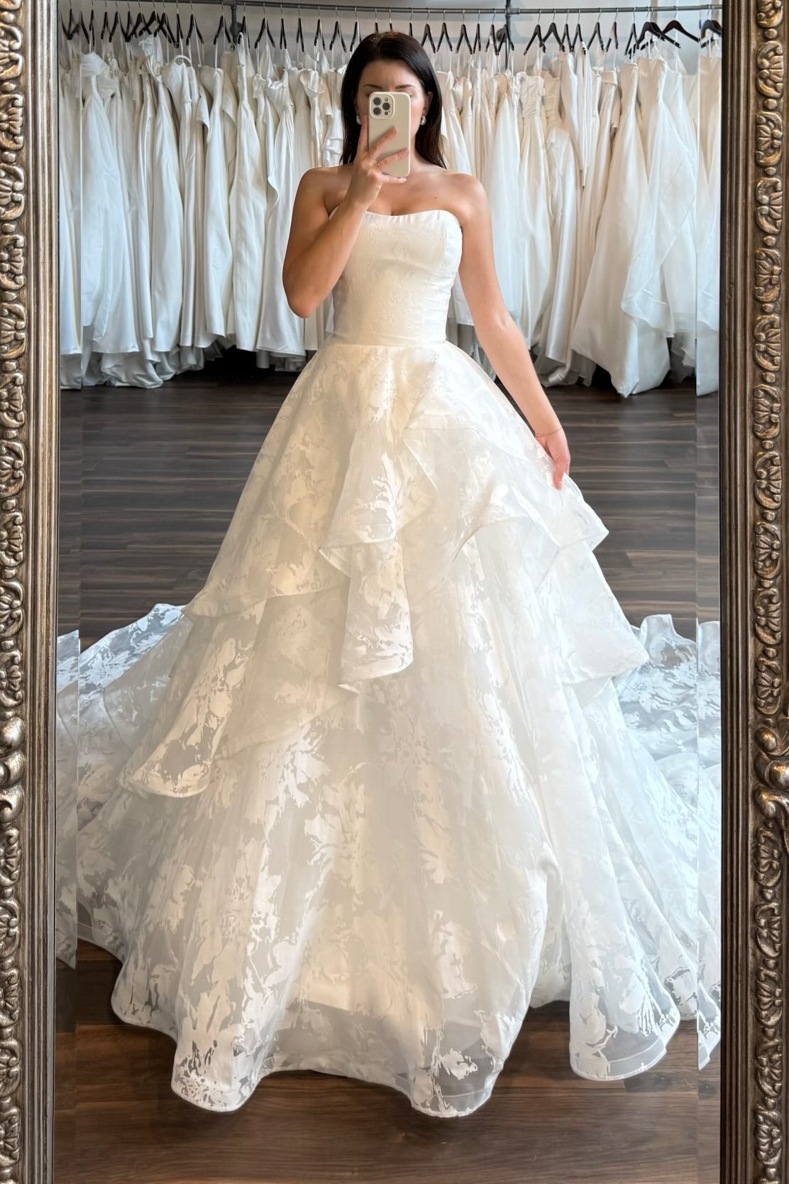 Strapless Floral Tiered Ball Gown Wedding Dress