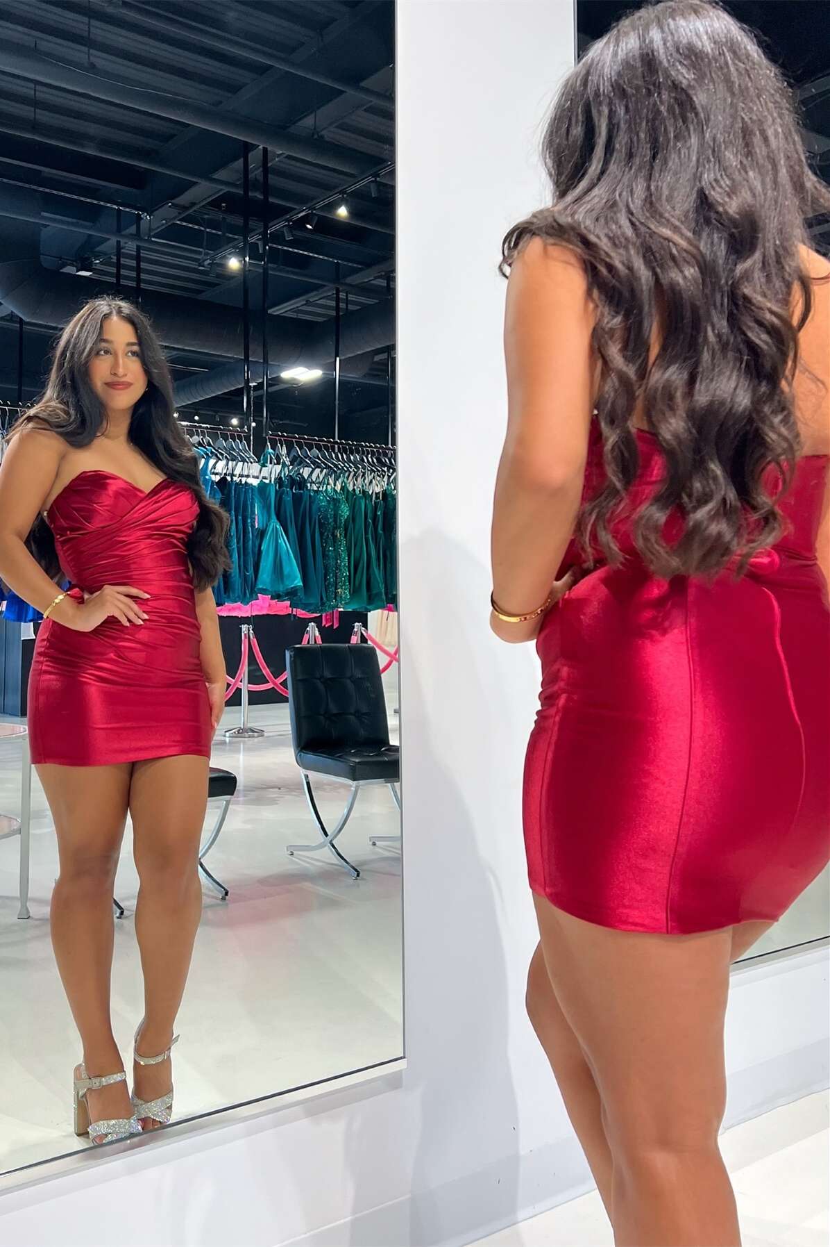 Strapless Ruched Satin Bodycon Mini Dress