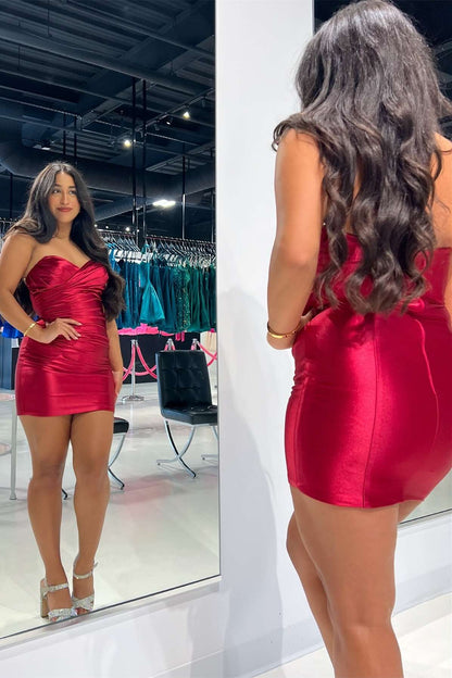 Strapless Ruched Satin Bodycon Mini Dress