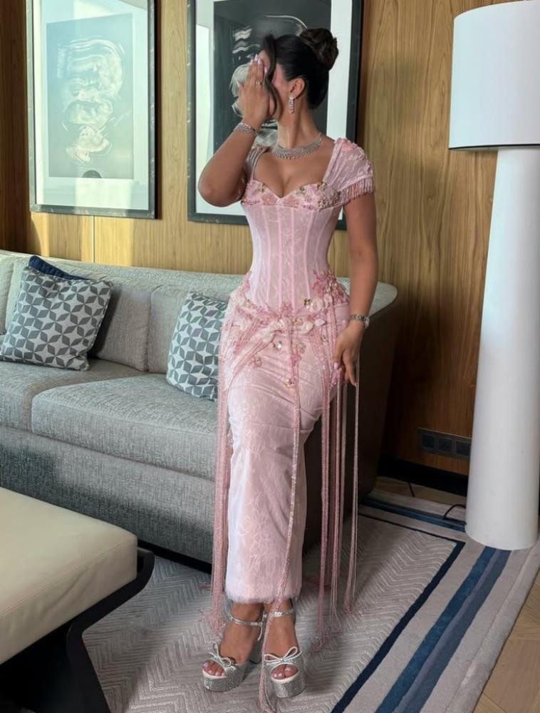 Corset Bodice Fringe Maxi Evening Dress