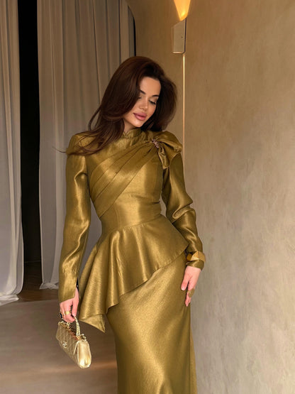 Pleated Peplum Long Sleeve Formal Evening Gown