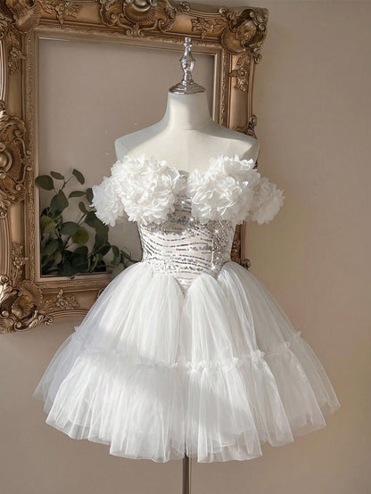 Off-the-Shoulder 3D Flower Tulle Corset Mini Dress