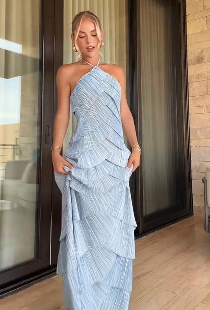 Tiered Pleated Halter Gown with Open Back