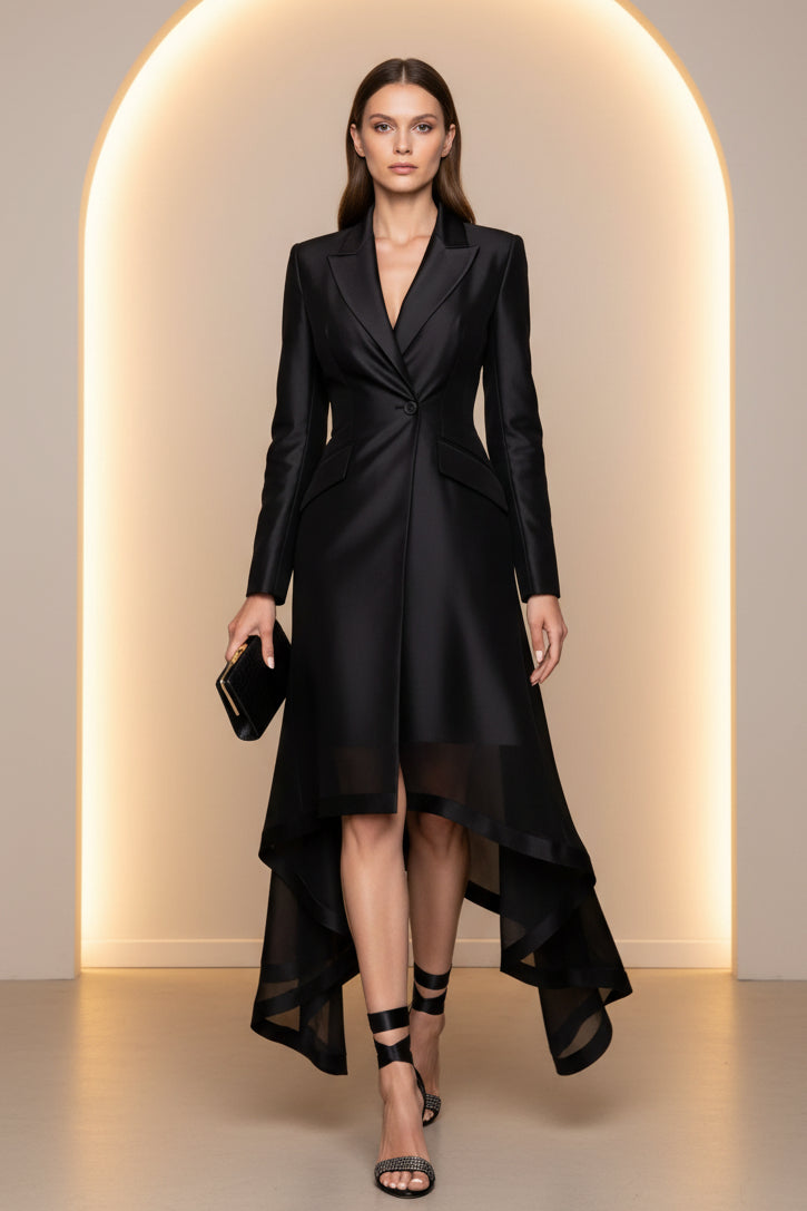 Tuxedo Blazer Dress with High-Low Sheer Hem