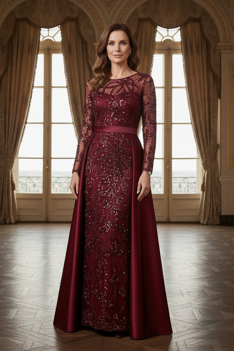 Sequin Sheath Evening Gown with Satin Overskirt