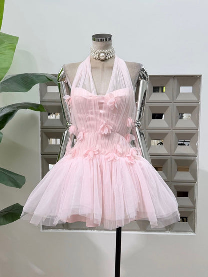 Halter Tulle Corset Mini Dress with 3D Flowers