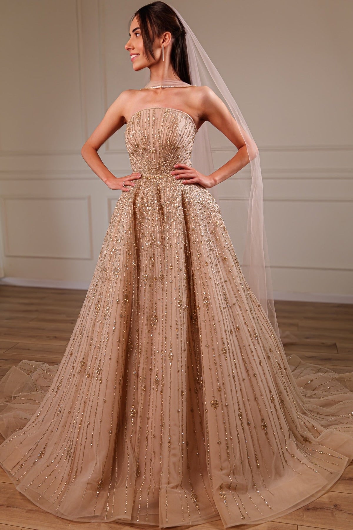 Strapless Beaded Tulle Ball Gown Wedding Dress