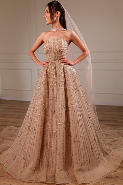 Strapless Beaded Tulle Ball Gown Wedding Dress