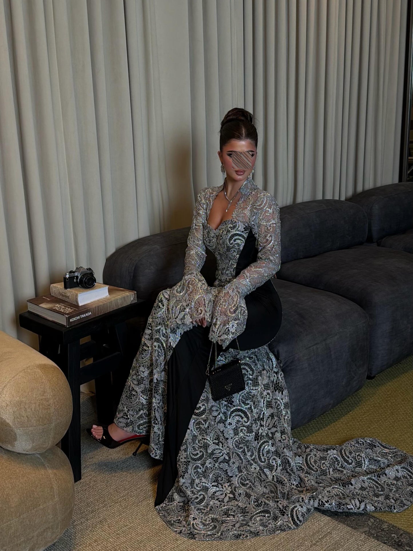 Open Back Mermaid Evening Gown with Bell Sleeves
