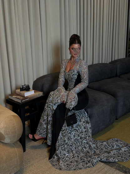 Open Back Mermaid Evening Gown with Bell Sleeves