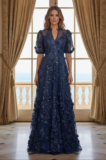 3D Floral Applique A-Line Gown With Sheer Puff Sleeves