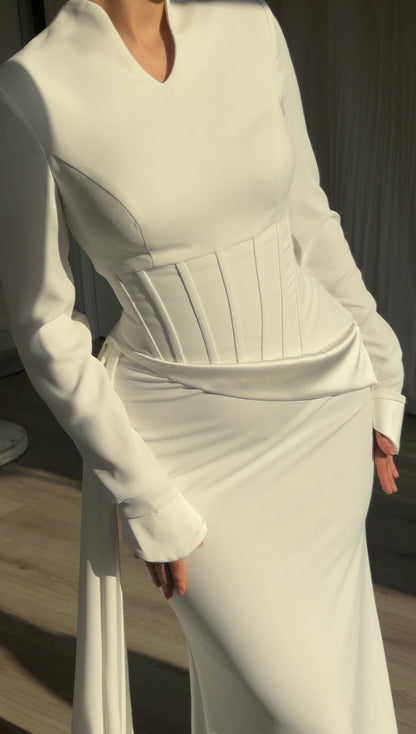 Corset Waist Long Sleeve Gown with Side Drape