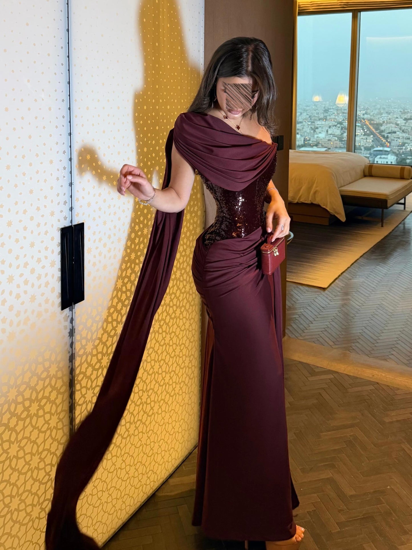 Asymmetrical Sequin Corset Cape Evening Gown