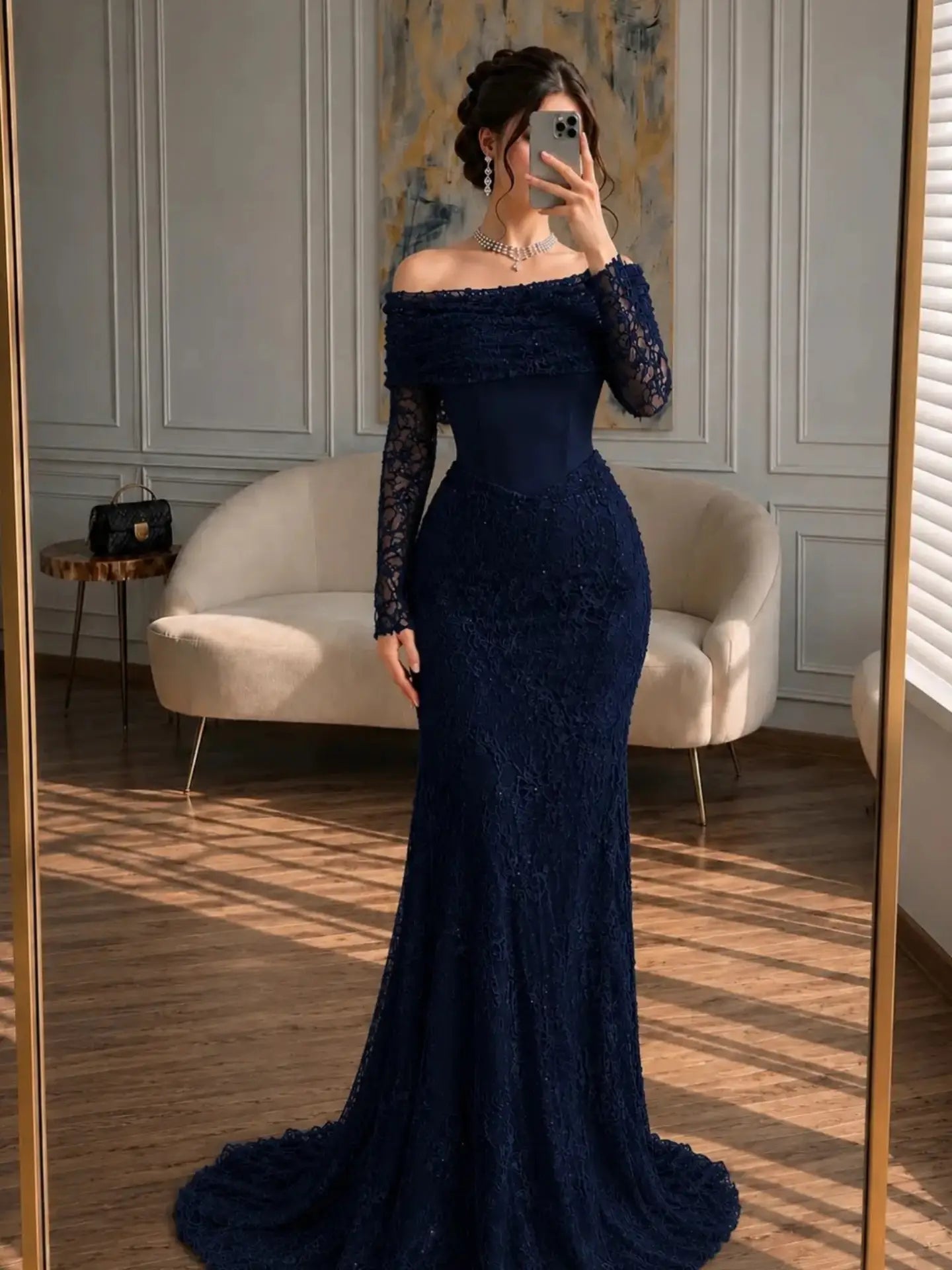 Off-the-Shoulder Lace Mermaid Gown with Long Sleeves