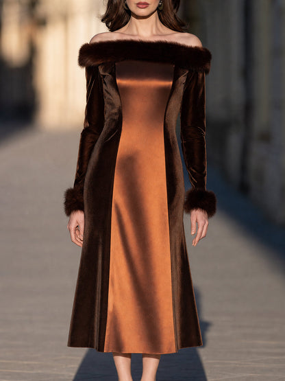 Off-the-Shoulder Midi Dress with Fur Trim
