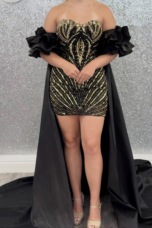 Off-Shoulder Sequin Mini Dress with Cape Train